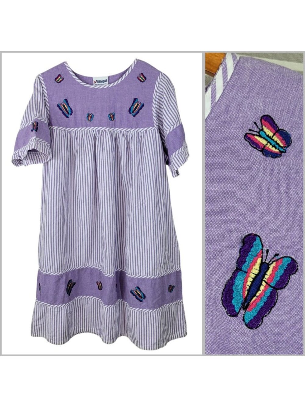 House Dress Muumuu Large Butterfly Purple Cottagecore Vintage Embroidered Long